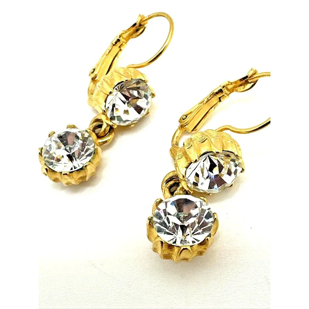 Vintage Bijoux Tempo Crystal Rhinestone Dangle Earrings Gold Tone Pierced 1.5”